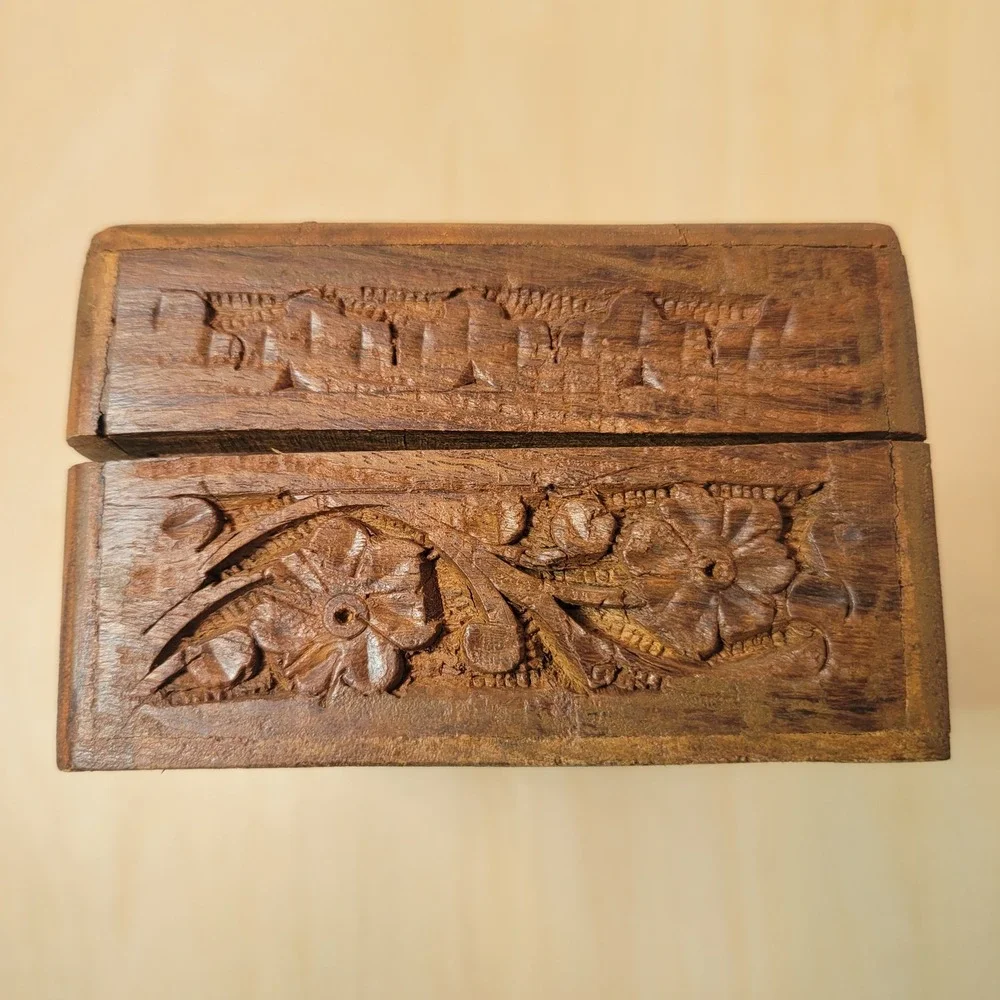 Vintage Carved‎ Wood Trinket Box Jewelry Keepsake Decorative Storage India